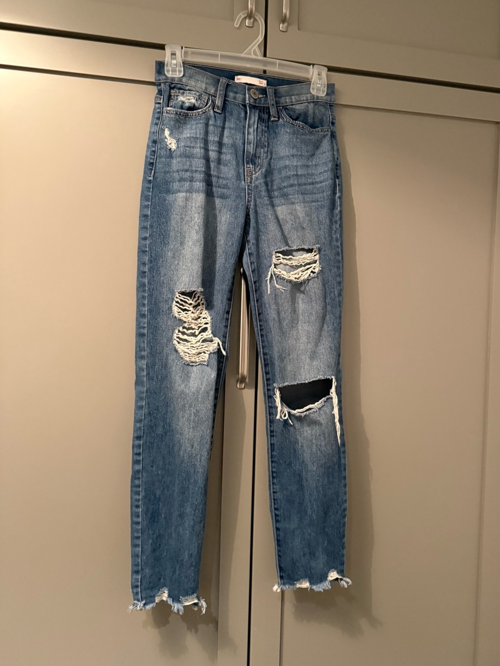 SO Dark Wash High-Rise Ripped Mom Jean, Size 0
